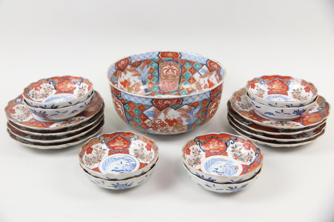 Lot of 8 19th C. Japanese Imari Bowls and Plates: Lot of 8 19th C. Japanese Imari Bowls and Plates. This is a nice group of Imari. Including a larger bowl. Dimensions of bowls are 2 in h x 6.5 in w x 6.5 in d. Condition is good with some minor chips 