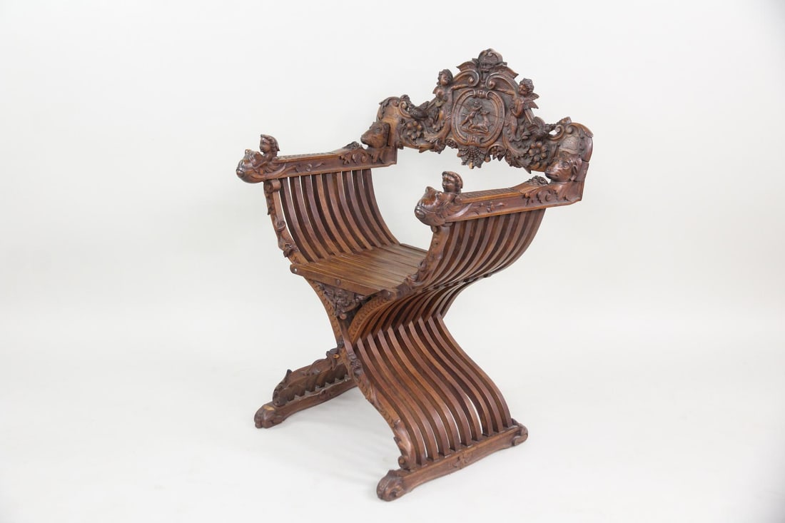 Renaissance Revival Savonarola Chair, Cherubs & Deer (1 of 16)