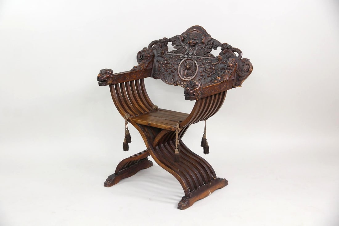 Renaissance Revival Savonarola Chair, Lions & Tassels (1 of 16)