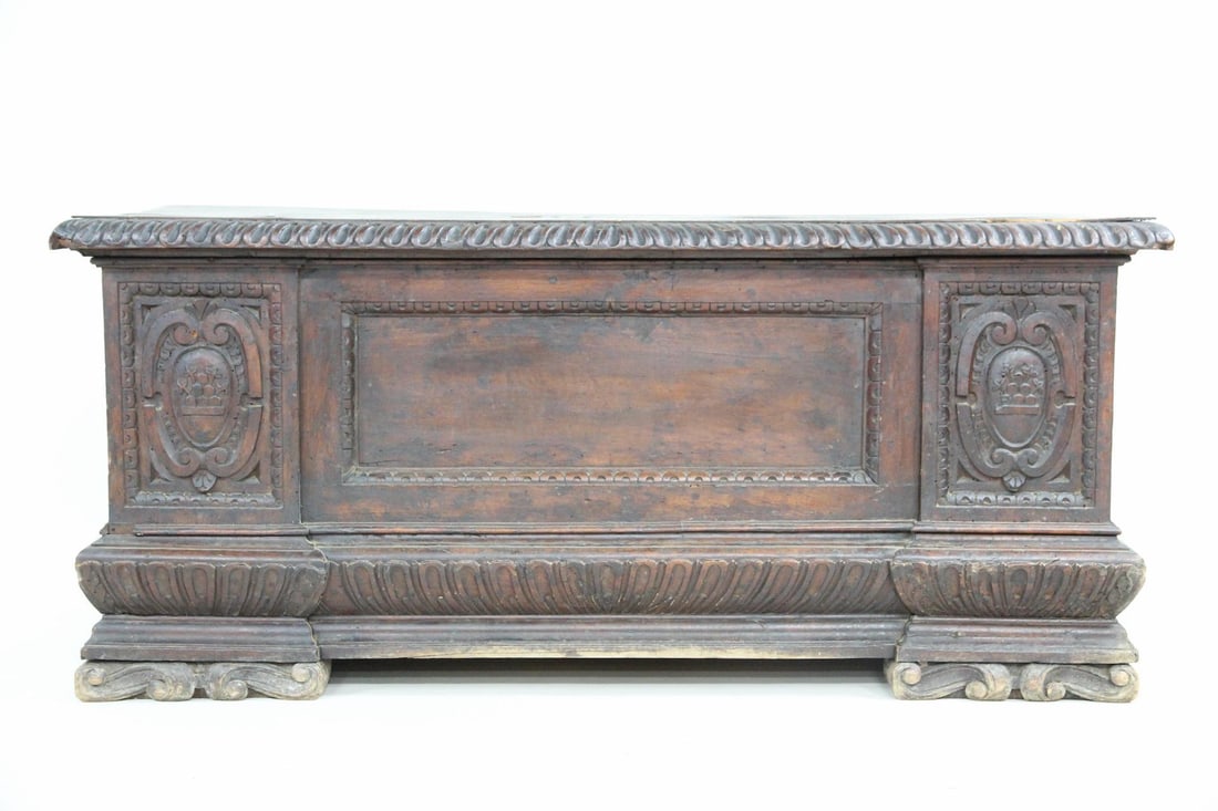 Antique 17th C. Carved Walnut Cassone Marriage Chest (1 of 20)