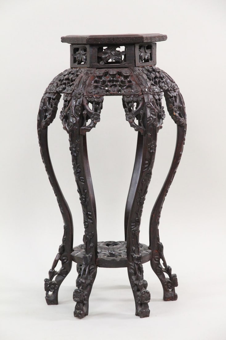 Chinese Carved Wood Plant Stand with Pink Marble Top (1 of 12)
