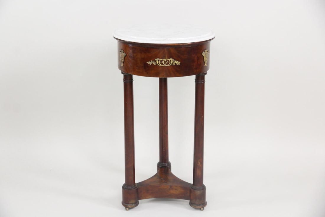 Empire Wood & Marble Pedestal Table, Brass Urns & Trumpets (1 of 11)