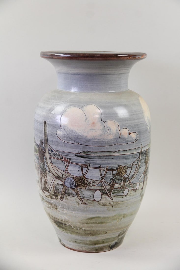 Harald Folmer Gross for Knabstrup Viking Floor Vase: Danish Mid-Century Modern Harald Folmer Gross for Knabstrup Viking Vase. Large ceramic vase hand decorated with a scene of Vikings building a boat. Signed on underside. Dimensions are 17.75 in h x 11 