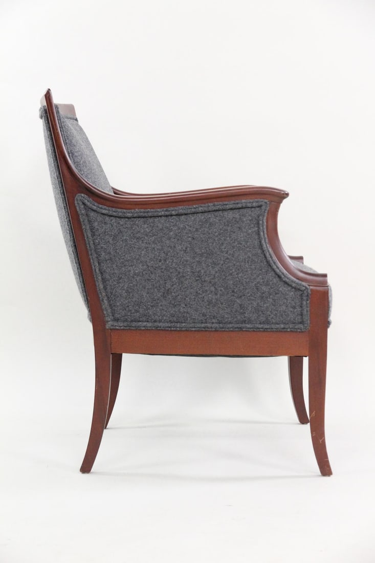 Fritz Henningsen Gray Wool Upholstered Easy Chair: Fritz Henningsen Danish Modern Neoclassical Gray Wool Upholstered Lounge Chair. Beautiful chair has a sculpted wooden frame with neoclassical lines and heathered gray upholstery. Dimensions are 35 in