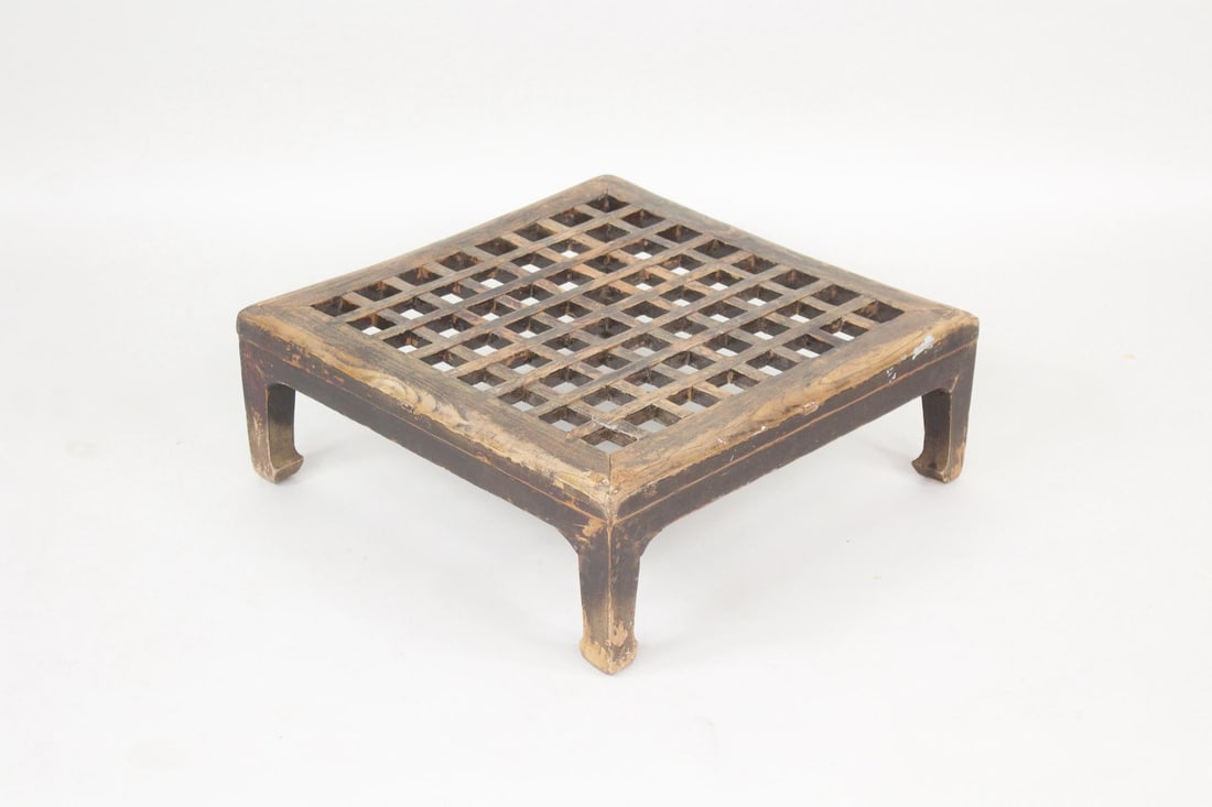 Chinese Wooden Table Stand, Coffee Table: Chinese Wooden Table Stand, Coffee Table. This grid like table has the classic Chinese shaped legs. Great as a small coffee table. Dimensions are 18.25 in h x 22.5 in w x 22.5 in d. Condition is