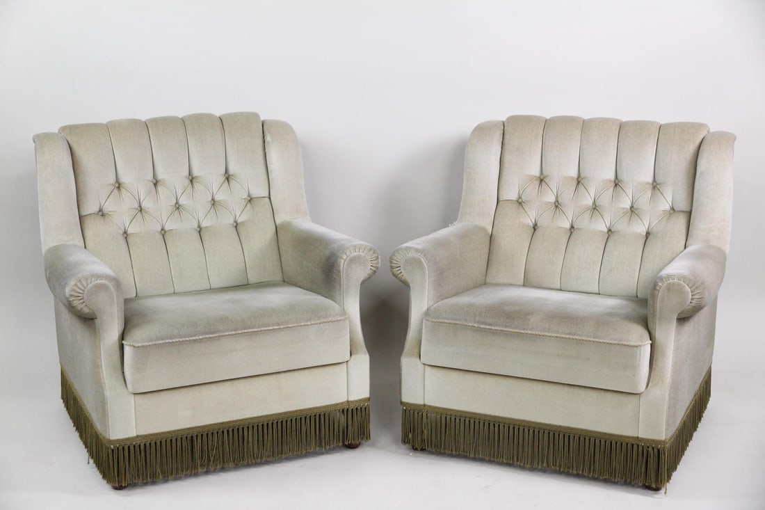 Pair of Tufted Mohair Lounge Chairs, Mint Green: Pair of Danish Modern Tufted Mohair Lounge Chairs, Mint Green. Fantastic pair of lounge chairs with tufted backs and rolled arms. Upholstered in mint green mohair velvet with piped trim, contrasting