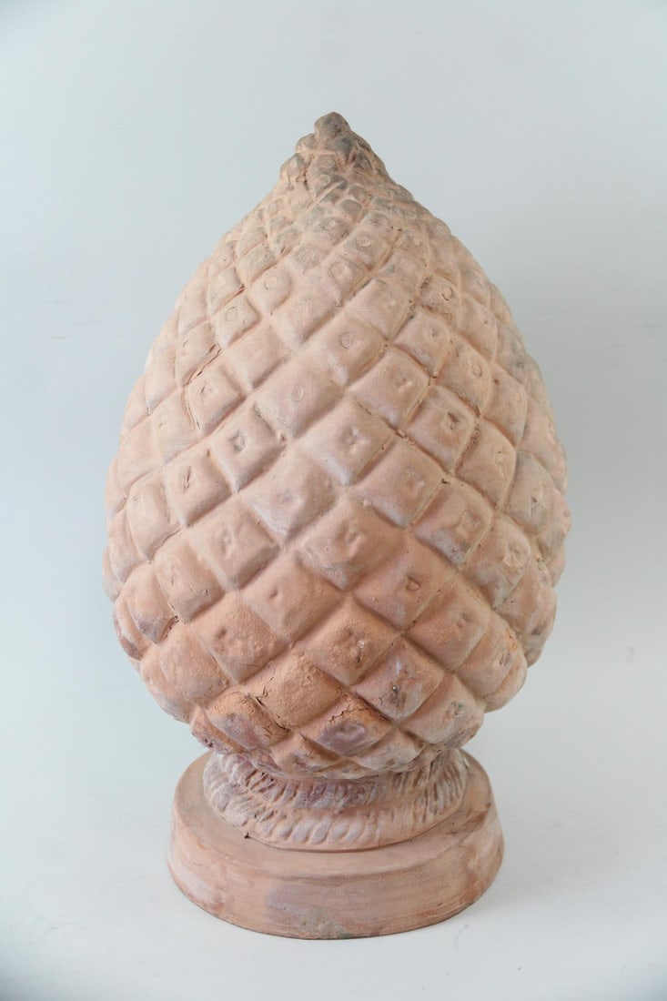 Italian Terracotta Pine Cone Sculpture, Ceramiche Mennella: Italian Terracotta Pine Cone Sculpture, Ceramiche Mennella. Terracotta pine cone sculpture from Ischia, Italy, stamped FRATELLI MENNELLA CASAMICCIOLA TERME -ISOLA D'ISCHIA. Dimensions are 20 in h x