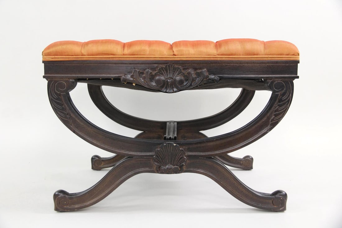 Regency Carved Wood & Tufted Ottoman (1 of 13)