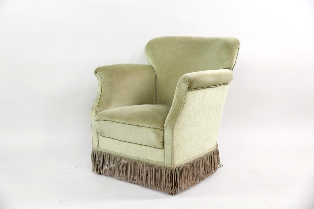 Mohair Lounge Chair, Moss Green with Fringe: Danish Modern Mohair Velvet Lounge Chair, Moss Green with Fringe. An elegant and comfortable lounge chair featuring gently rolled arms & curved back, upholstered in moss green mohair velvet with
