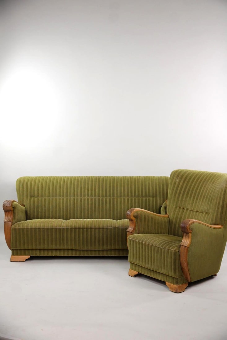 Art Deco Sofa & Armchair, Green Striped Cut Velvet (1 of 15)