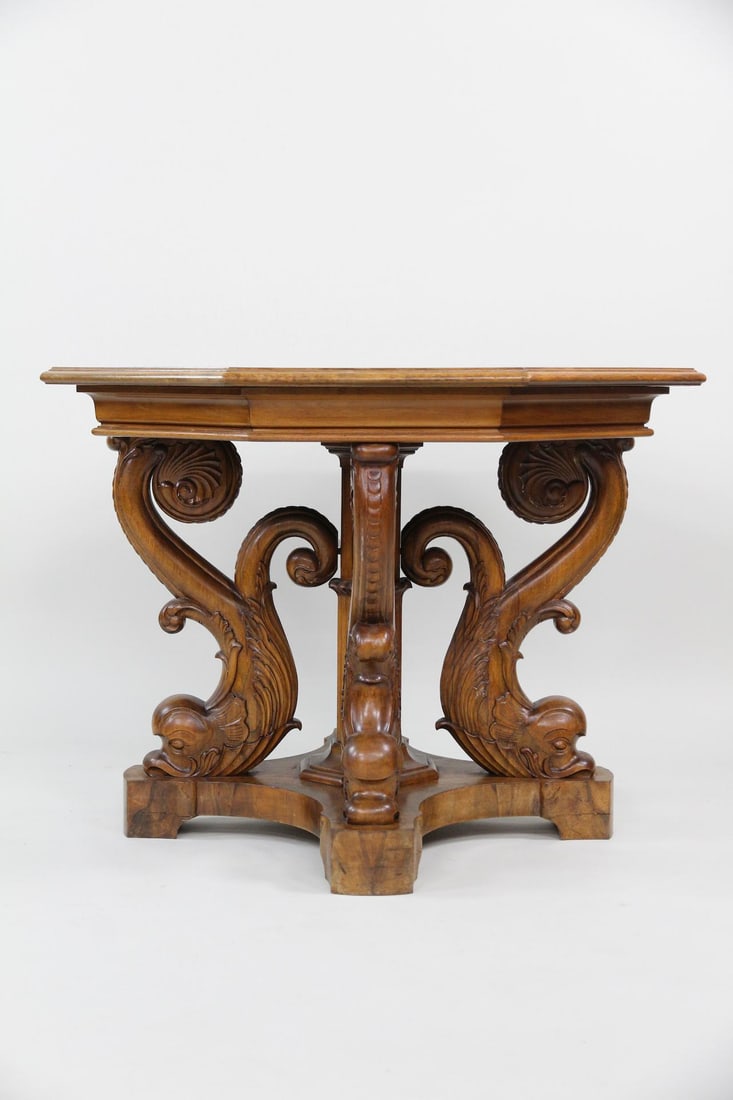 Empire Octagonal Wooden Pedestal Table, Carved Dolphins (1 of 17)