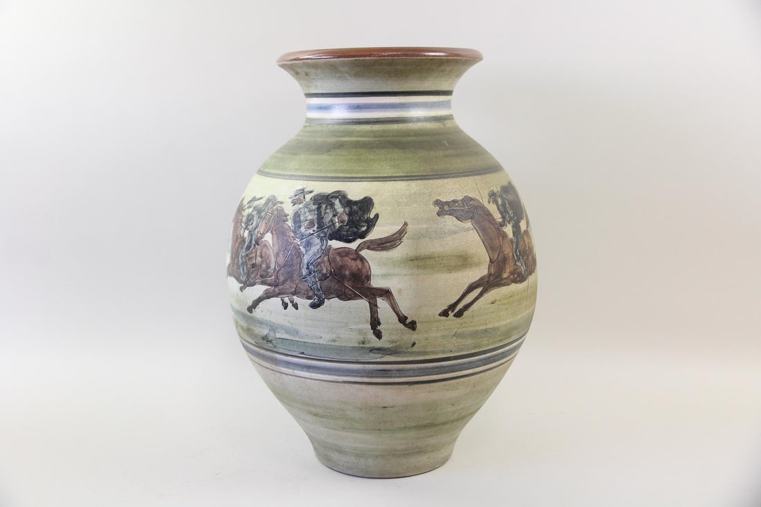 Harald Folmer Gross for Knabstrup Floor Vase, 3 Musketeers: Danish Mid-Century Modern Harald Folmer Gross for Knabstrup Floor Vase, 3 Musketeers. Large ceramic jar shaped vase painted with 3 musketeers on horseback hunting a deer. Signed on underside. Dimensio