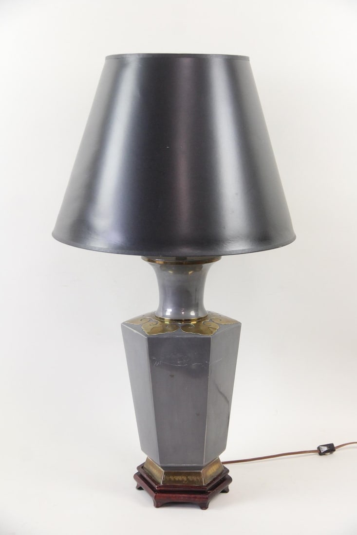 Chinoiserie Gray Metal Lamp with Brass Accents (1 of 10)