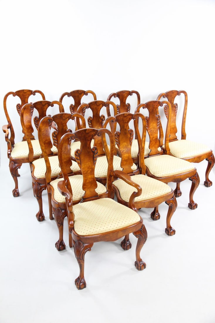 Set of 10 Queen Anne Wood Burl Dining Chairs, Claw-and-Ball (1 of 20)