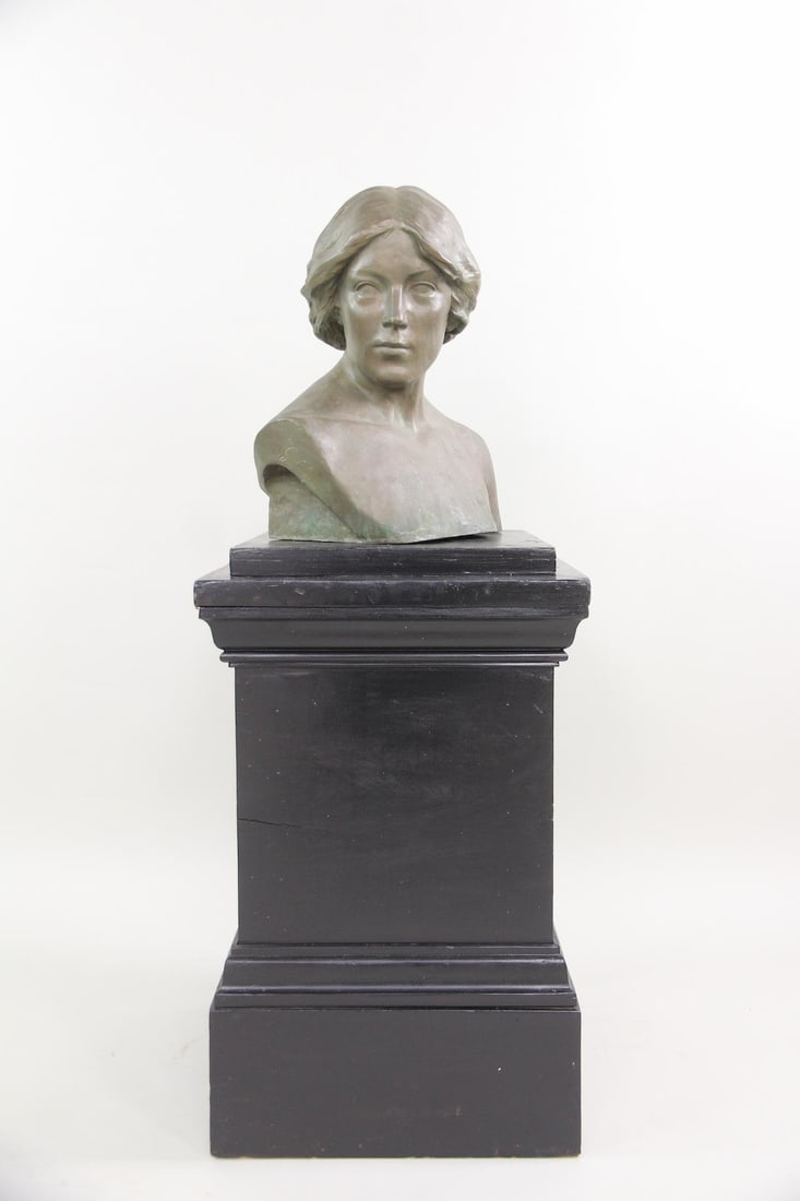 Naturalistic Bronze Female Bust on Wood Pedestal, Gino Perera (1 of 14)