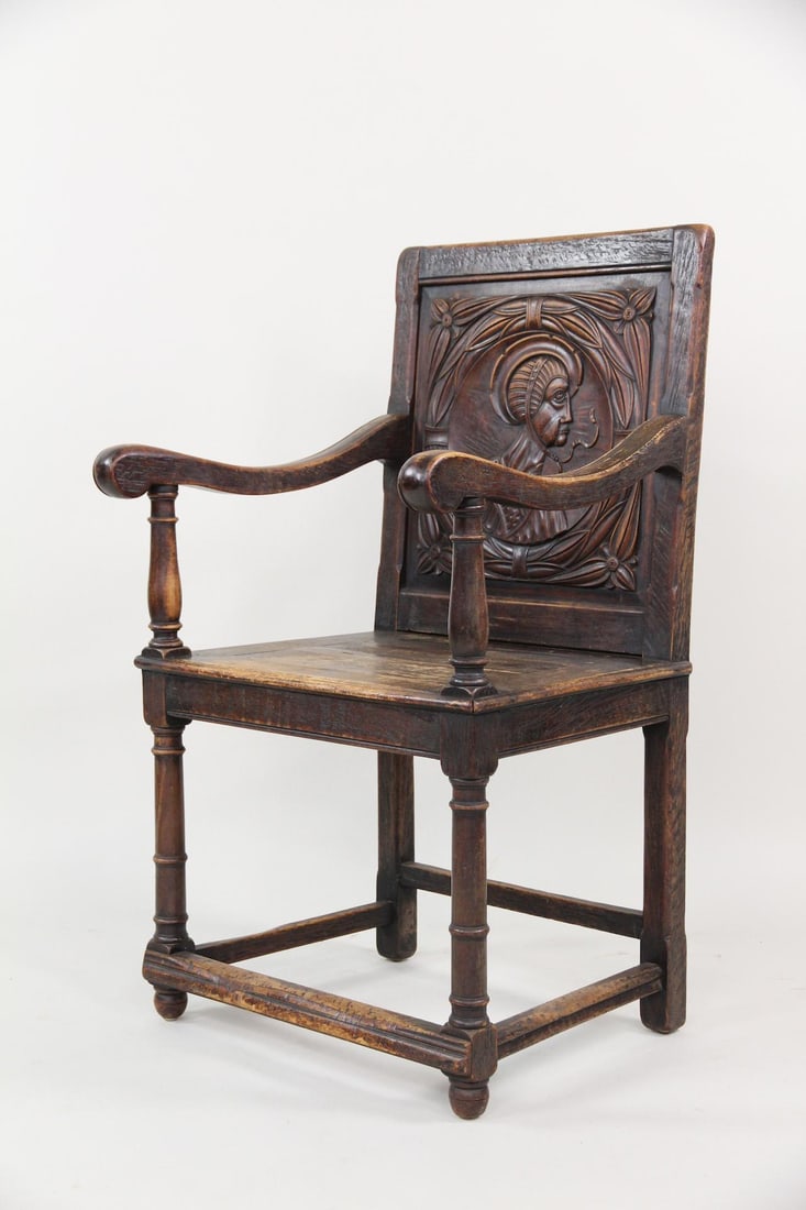 French Renaissance Revival Oak Armchair, Carved Portrait (1 of 15)
