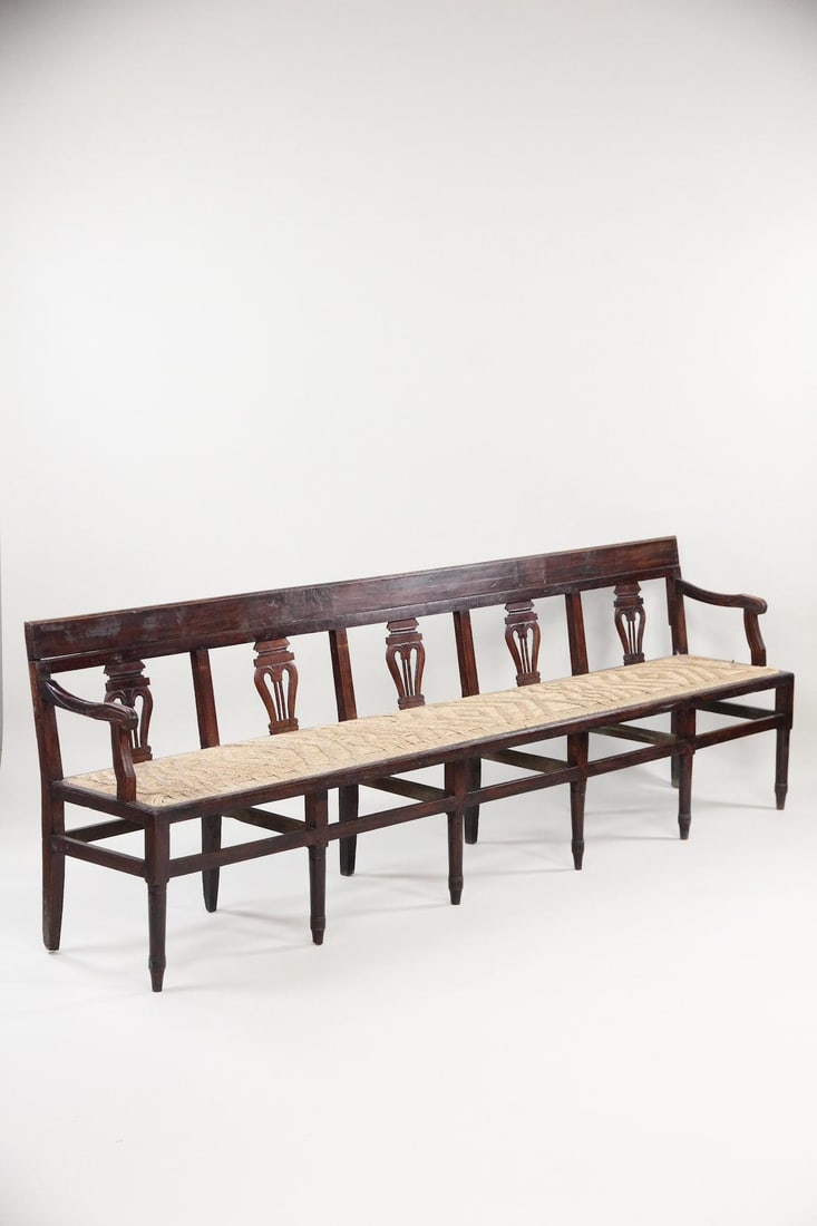 Long Carved Lyre Back Neoclassical Wood Bench with Woven Seat, 1 of 2 (1 of 12)