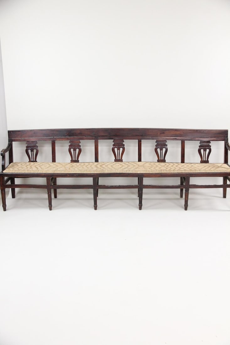 Long Carved Lyre Back Neoclassical Wood Bench with Woven Seat, 2 of 2 (1 of 14)