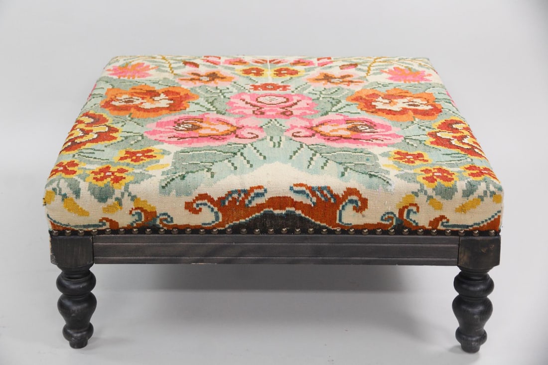 Oversized Wooden Ottoman, Floral Kilim Upholstery (1 of 12)