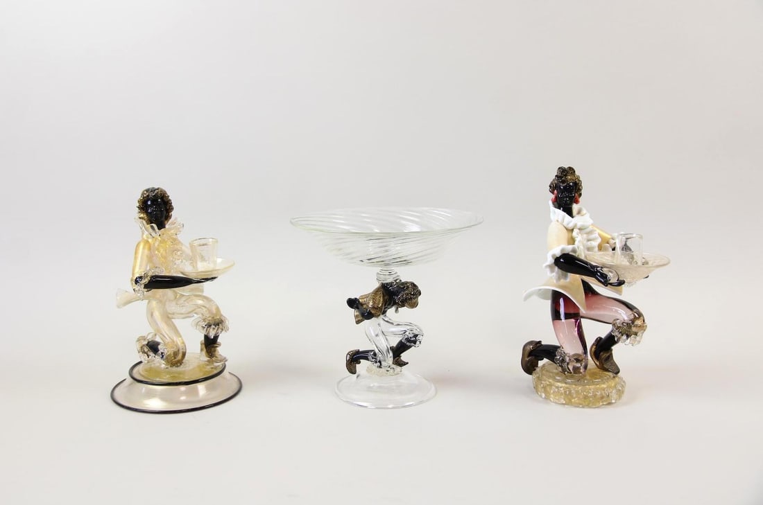 Lot of 3 Venetian Murano Glass "Blackamoor" Figurative Candle Holders & Dish (1 of 13)