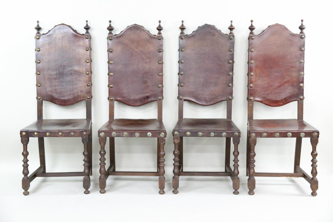 Set of 4 Spanish Revival Wood and Leather Side Chairs (1 of 12)