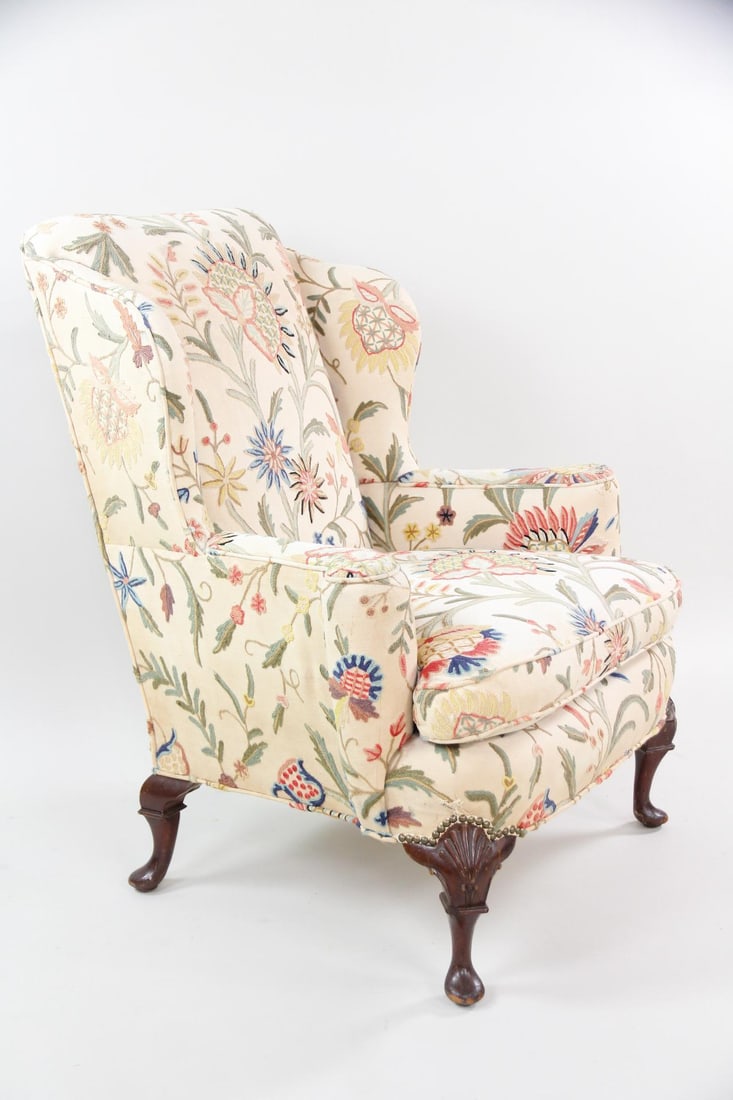 Queen Ann Style Wingback Armchair, Crewelwork Embroidery (1 of 18)