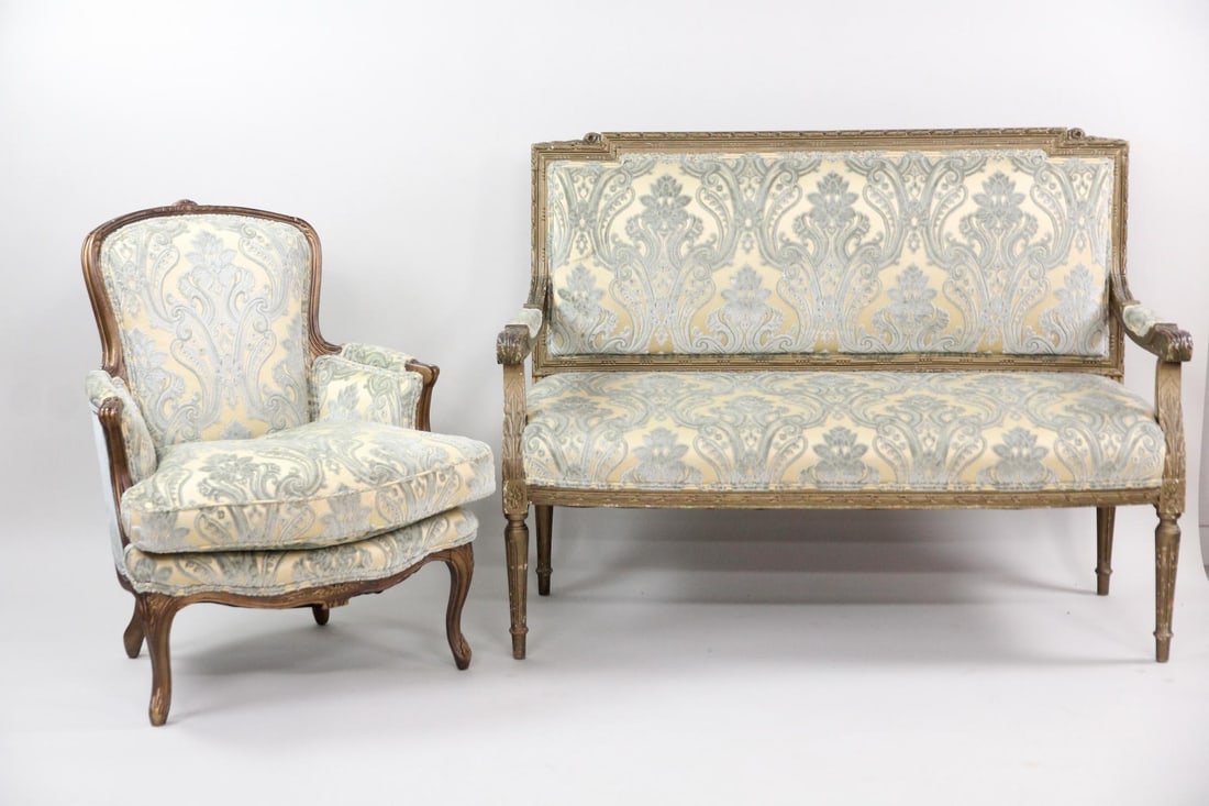 Louis XVI Settee Bench & Bergere Armchair, Cut Velvet (1 of 19)