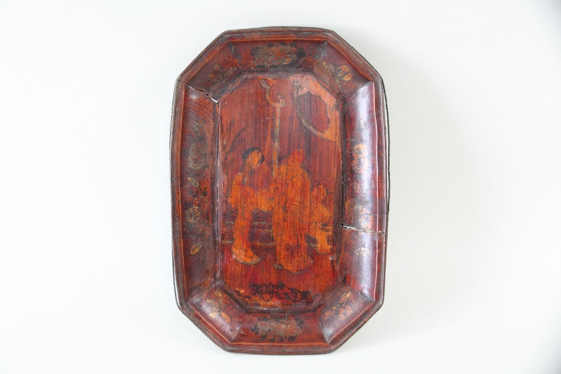 Chinese Octagonal Figurative Wood Tray, Red Laquered Gilt: Chinese Figurative Wood Tray, Red Laquered Gilt. This Chinese tray is made of wood with a deep red lacquer finish. Its hand-painted traditional figures & gilt florals have been beautifully worn to abs