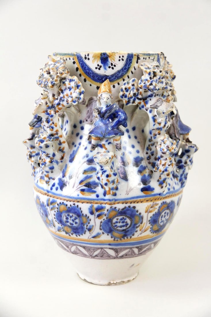 Spanish Groteque Vase, Multi-Handled w / Figures & Birds: Spanish Grotesque Vase, Multi-Handled w / Figures & Birds. An unusual vessel with multiple large & small handles, intricately decorated with figures & birds. Dimensions are 11.25 in h x 9 in w x 9 in 
