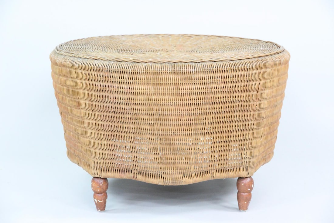 Mid-century Modern Wicker Rattan Drum Table (1 of 10)
