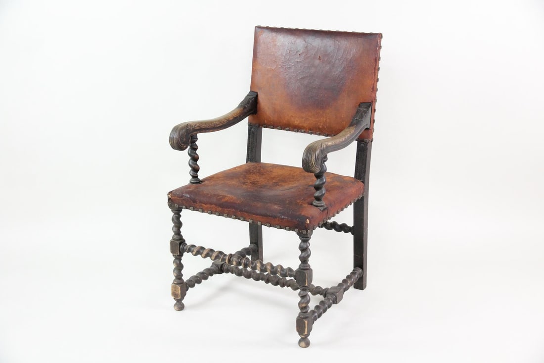 Italian Baroque Leather and Carved Wood Arm Chair, Barley Twist Legs (1 of 16)