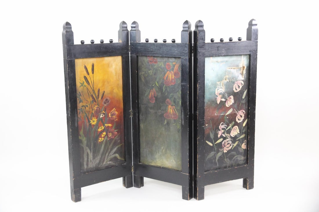 Victorian 3 Panel Folding Screen with Floral Paintings (1 of 20)