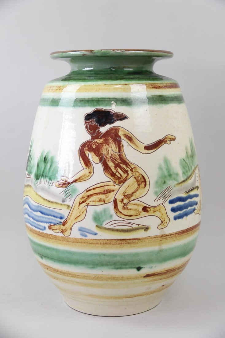 Harald Folmer Gross for Knabstrup Floor Vase, Nude Female Figures: Danish Mid-Century Modern Harald Folmer Gross for Knabstrup Floor Vase, Nude Female Figures. Large ceramic jar shaped vase painted with 3 nude female figures in a landscape. Signed on underside. Dimen