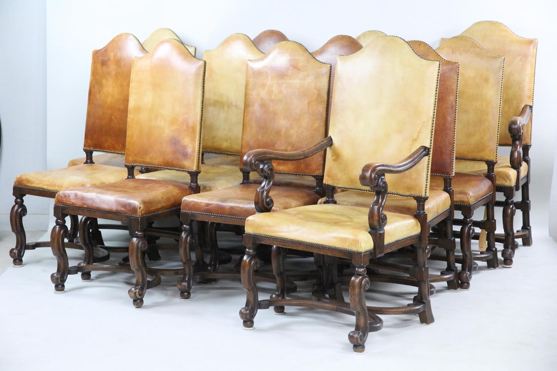 Set of 12 Baroque Style Leather & Carved Wood Dining Chairs (1 of 20)