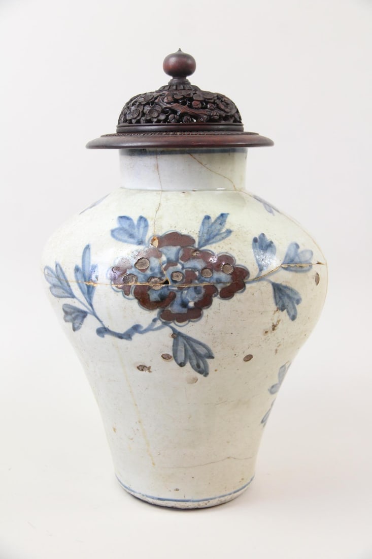 Korean Joseon Dynasty Pottery Vessel with Carved Wood Lid (1 of 14)
