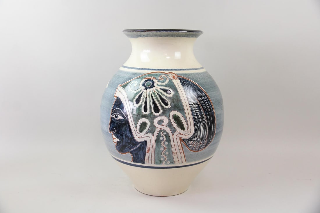 Harald Folmer Gross for Knabstrup Floor Vase, Head in Profile: Danish Mid-Century Modern Harald Folmer Gross for Knabstrup Floor Vase, Head in Profile. Large ceramic jar shaped vase painted with a head in profile on one side and a building on the other. Signed on