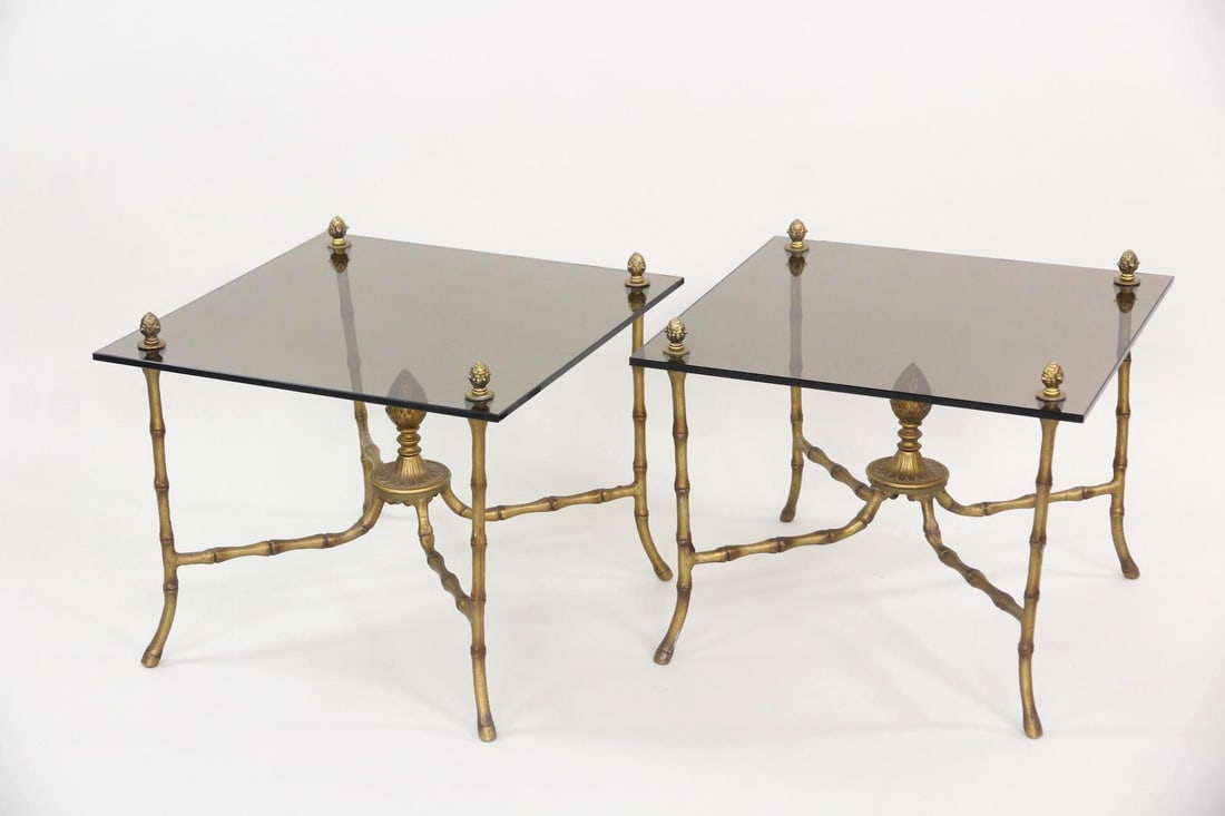 Pair of Metal Faux Bamboo End Tables, Smoked Glass (1 of 10)