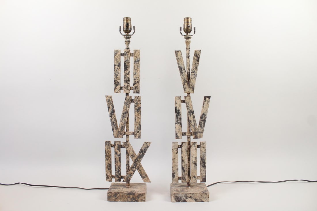 Pair of Brutalist Metal Roman Numeral Lamps (1 of 8)