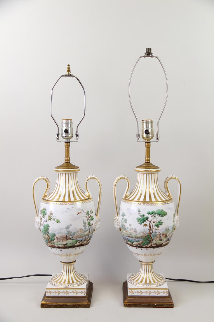 Pair of Scenic Painted Landscape Urn Porcelain Lamps, Richard Ginori (1 of 15)