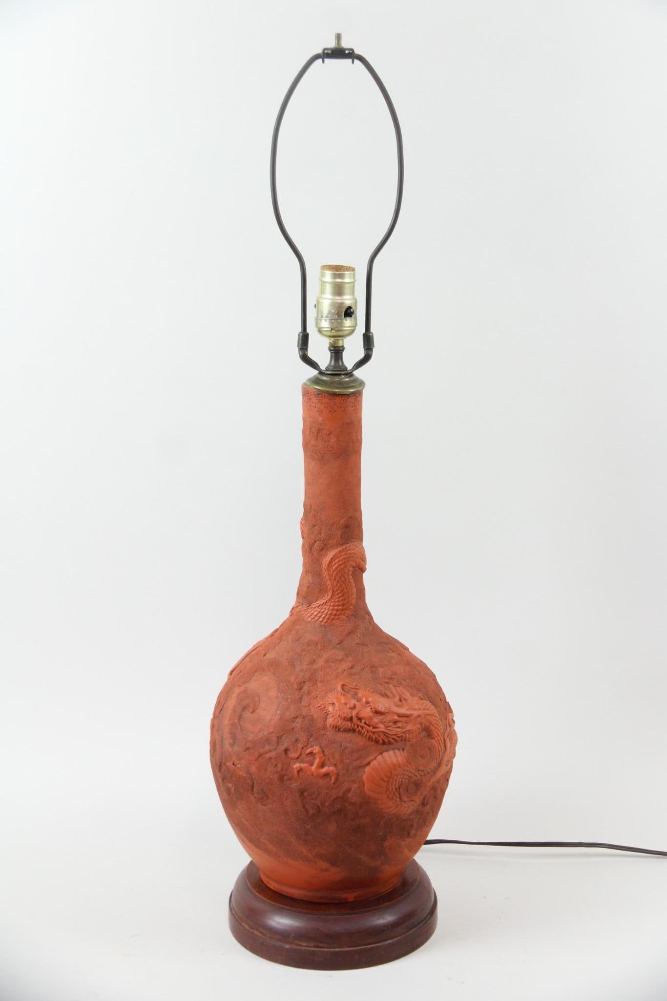 Japanese Tokoname Dragon Carved Redware Lamp (1 of 15)