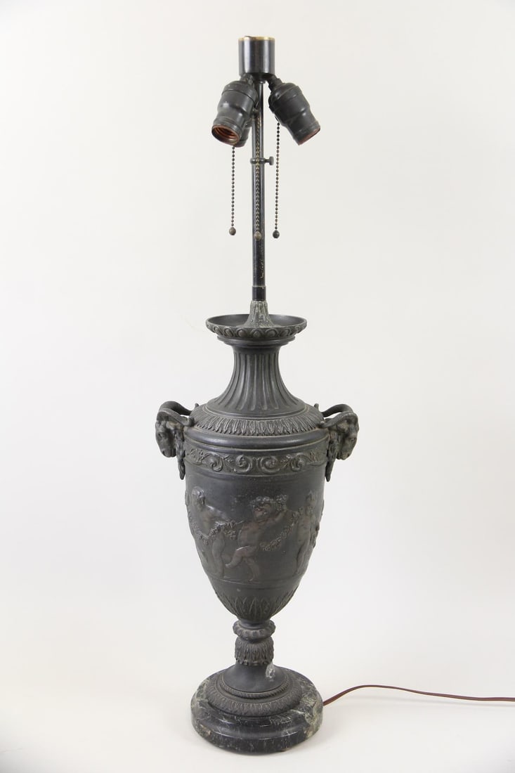 Neoclassical Metal Urn Lamp with Cherubs and Ram Head Handles (1 of 11)