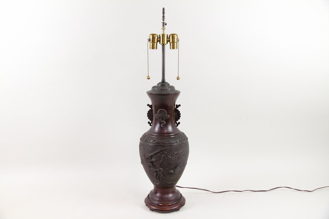 Japanese Bronze Vase Lamp, Birds, Snake, & Foliage (1 of 9)