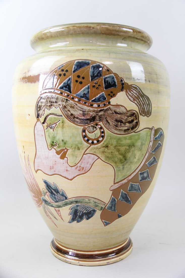 Harald Folmer Gross for Knabstrup Floor Vase, Woman's Head in Profile: Danish Mid-Century Modern Harald Folmer Gross for Knabstrup Floor Vase, Woman's Head in Profile. Large ceramic jar shaped vase painted with a woman's head in profile on one side and a building on the 