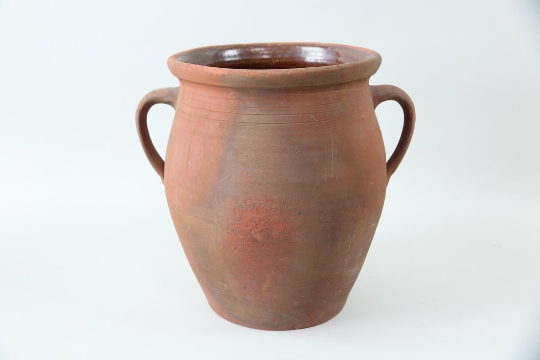 Terracotta Vessel with Handles, French Confit Pot: Terracotta Vessel with Handles, French Confit Pot. Handmade terracotta pot with 2 handles, possibly a French confit pot or Moroccan Tanjia. Interior is brown glazed. Dimensions are 12 in h x 13.25 in