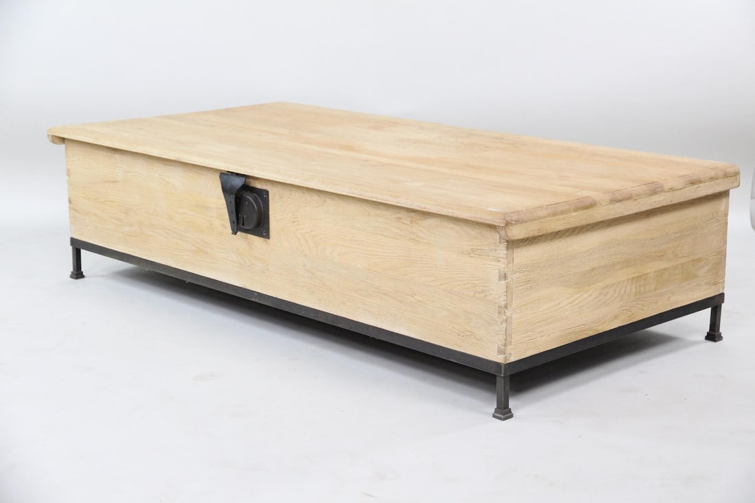 Restoration Hardware Oak & Iron Coffee Table: Restoration Hardware Oak & Iron Coffee Table, Hinged. This coffee table is made of raw, rough-hewn oak with a hinged top and iron lock plate. Raised on a wrought-iron stand. No labels, this is by