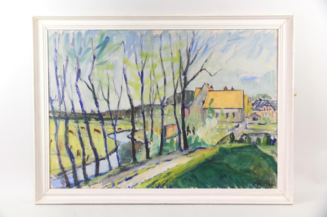 Post-Impressionistic Landscape Painting, Rural Village, Signed: Post-Impressionistic Landscape Painting, Rural Farm, Signed. This painting features a rows of slender trees lining a path that leads toward houses with yellow roofs. It is rendered with loose, visible