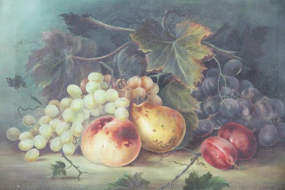 H. Wright Framed Still Life Painting of Fruits: Framed Still Life Painting of Fruits, Signed. Lush painting on canvas depicting grapes and other fruits, signed H. Wright lower right. In a gilt wood frame and behind glass. Dimensions are 18.75 in h