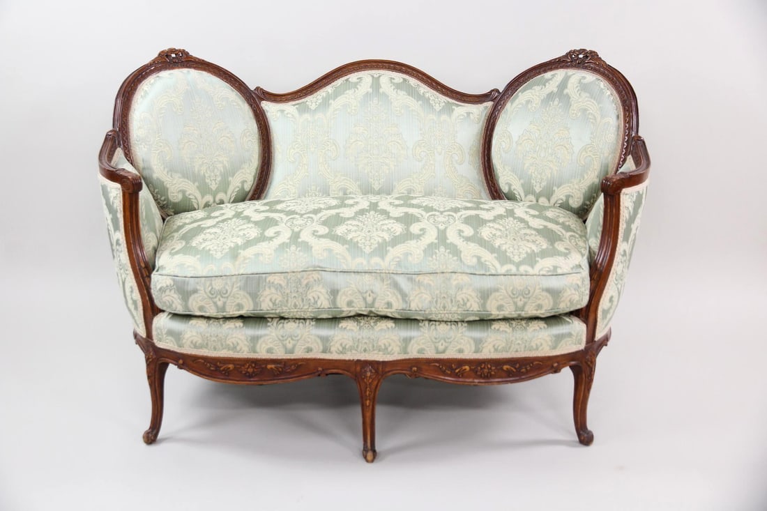 Louis XV Carved Settee Sofa, Silk Brocade Upholstery (1 of 16)