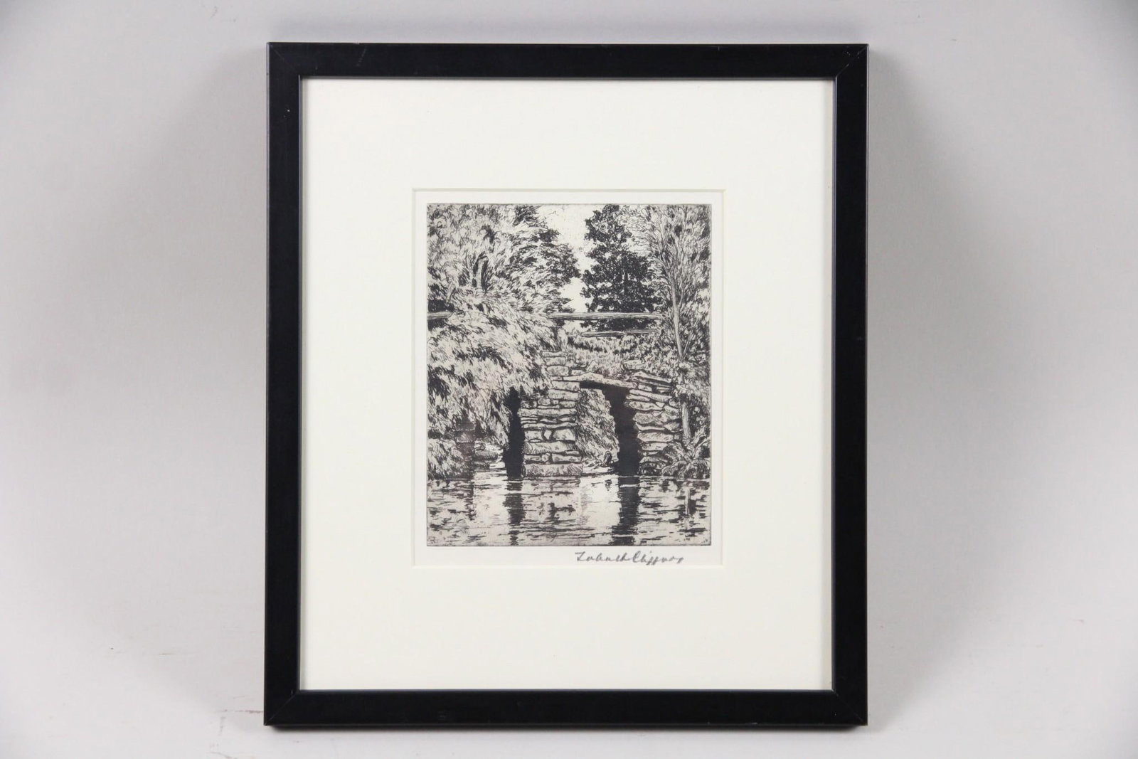 Etching of an Arched Stone Bridge, Signed: Etching of an Arched Stone Bridge, Signed. Signed indistinctly signed by the artist lower right and in a black wood frame. Dimensions are 11.5 in h x 10.25 in w x .5 in d. Condition is good with