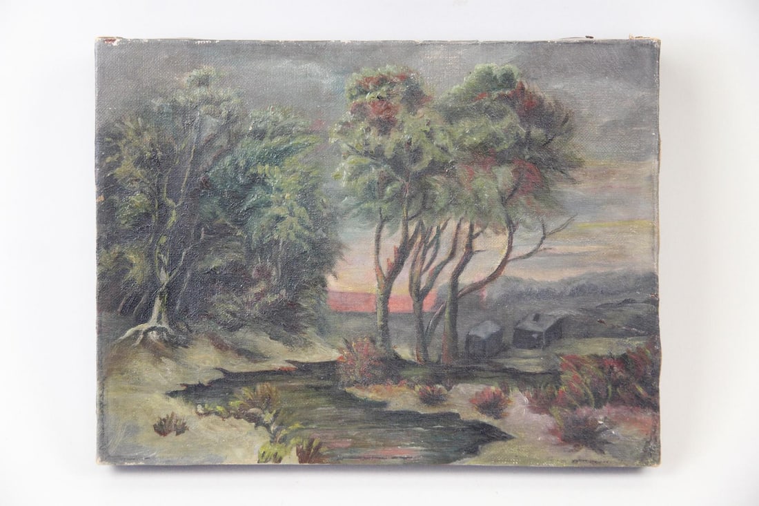 Impressionist Landscape Painting, Stormy Sunset: Impressionist Landscape Painting, Stormy Sky. Small painting on canvas depicting a landscape with trees in the foreground under a stormy sky at sunset. Expressionistic brushstrokes create a nice feeli